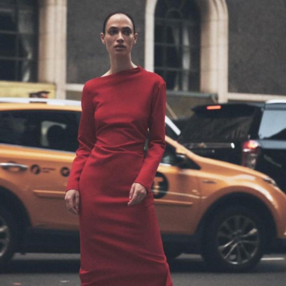 Zara Red Long-Sleeve Midi Dress